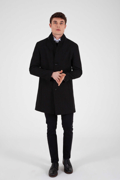 Siyah Hakim Yaka Yünlü Palto - 2