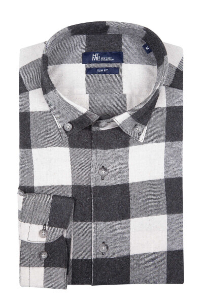 Siyah Slim Fit Kareli Pamuklu Uzun Kol Gömlek - 1