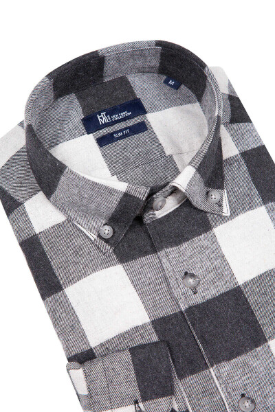 Siyah Slim Fit Kareli Pamuklu Uzun Kol Gömlek - 3