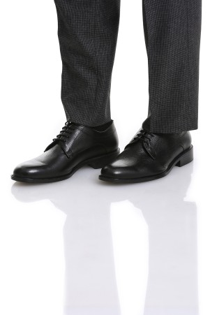 Siyah Klasik Düz Bağcıklı Deri Ayakkabı - Thumbnail
