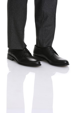 Siyah Klasik Düz Bağcıklı Deri Ayakkabı - Thumbnail