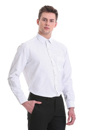 Beyaz Klasik Fit Baskılı Pamuklu Slim Yaka Uzun Kollu Klasik Gömlek - Thumbnail