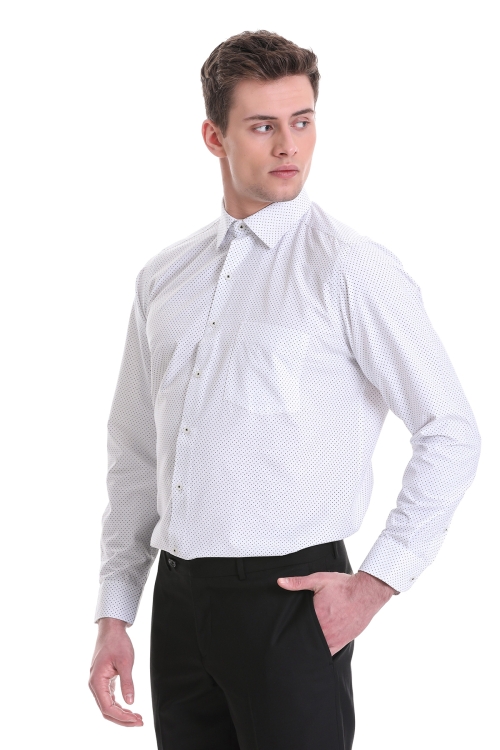 Beyaz Klasik Fit Baskılı Pamuklu Slim Yaka Uzun Kollu Klasik Gömlek - Thumbnail (1)