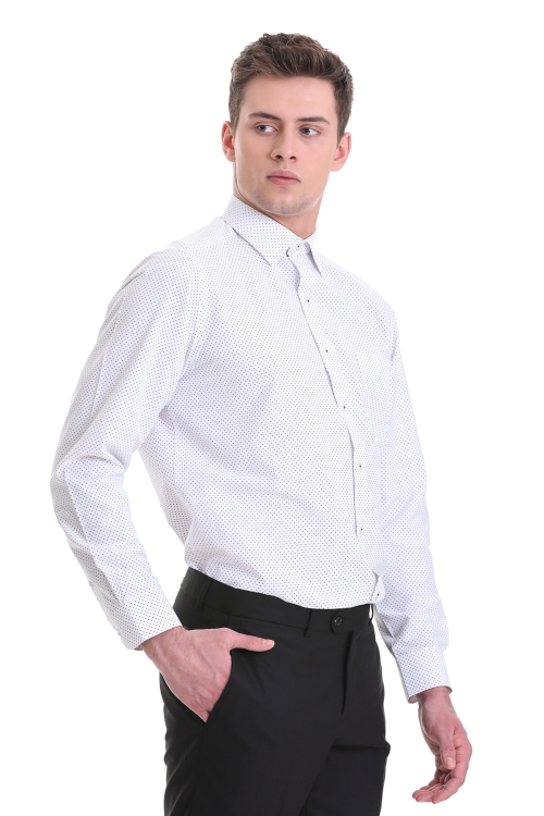 Beyaz Klasik Fit Baskılı Pamuklu Slim Yaka Uzun Kollu Klasik Gömlek - Thumbnail (2)