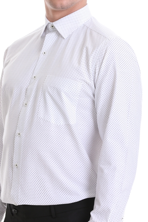 Beyaz Klasik Fit Baskılı Pamuklu Slim Yaka Uzun Kollu Klasik Gömlek - Thumbnail (3)
