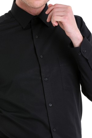 Siyah Klasik Fit Desenli Pamuklu Slim Yaka Uzun Kollu Klasik Gömlek - Thumbnail