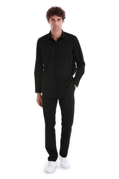 Siyah Klasik Fit 100% Pamuk Slim Yaka Uzun Kollu Saten Gömlek - 2