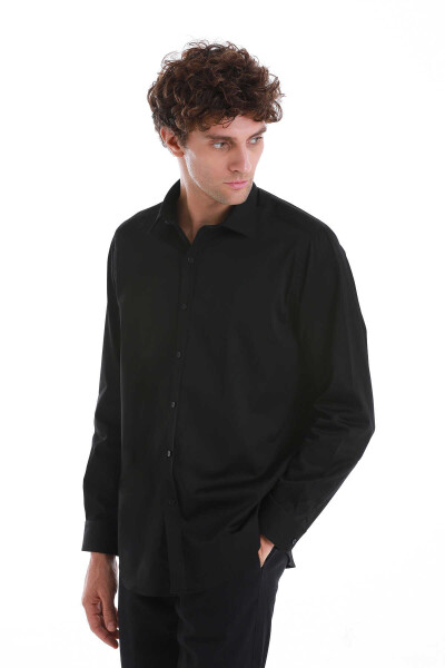 Siyah Klasik Fit 100% Pamuk Slim Yaka Uzun Kollu Saten Gömlek - 3