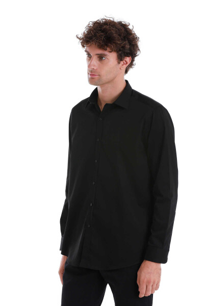 Siyah Klasik Fit 100% Pamuk Slim Yaka Uzun Kollu Saten Gömlek - 4