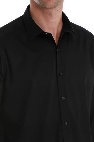 Siyah Klasik Fit 100% Pamuk Slim Yaka Uzun Kollu Saten Gömlek - 5