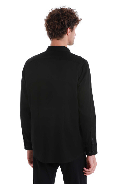 Siyah Klasik Fit 100% Pamuk Slim Yaka Uzun Kollu Saten Gömlek - 6