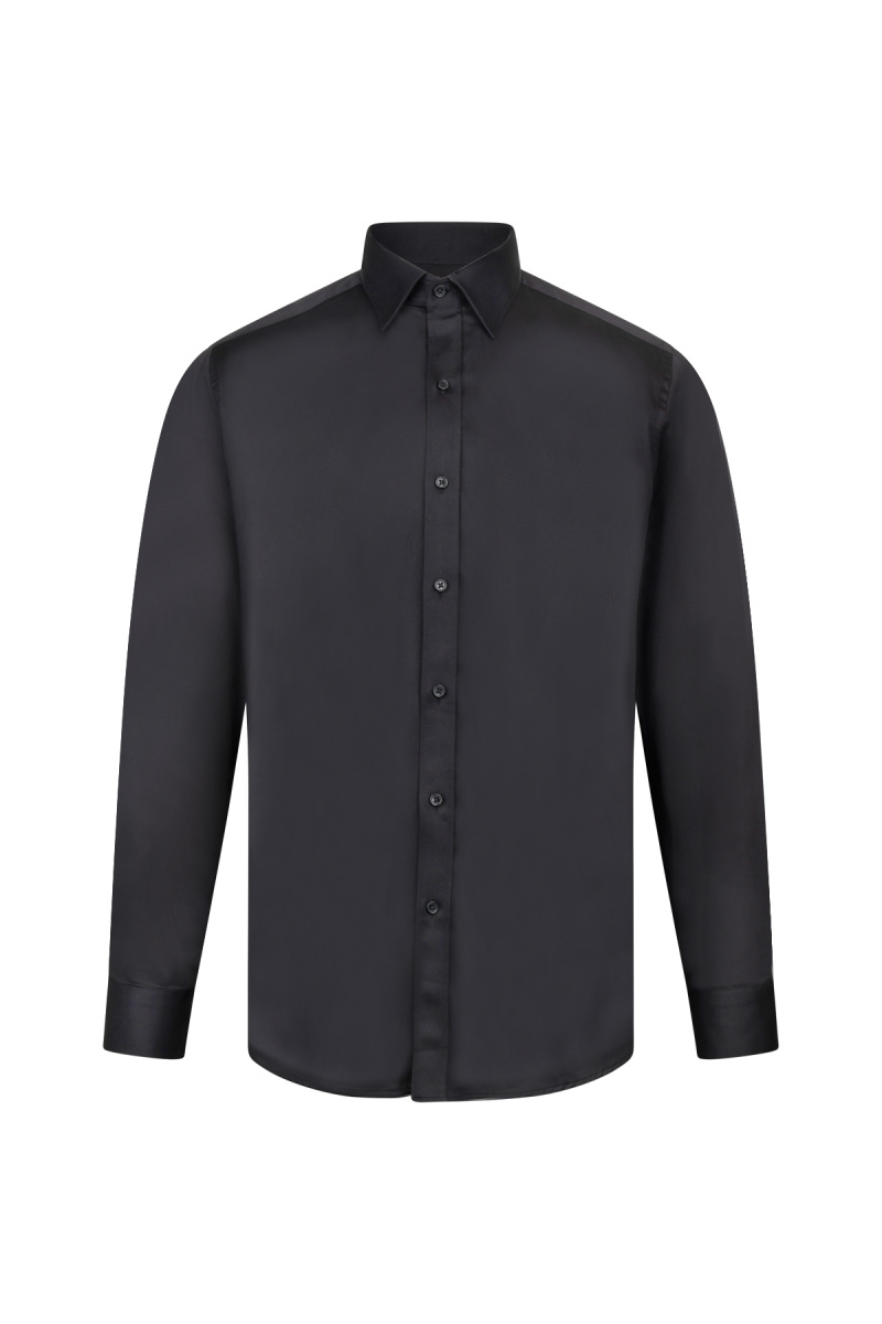 Siyah Klasik Fit Pamuklu Uzun Kollu Saten Gömlek - Hatem Saykı