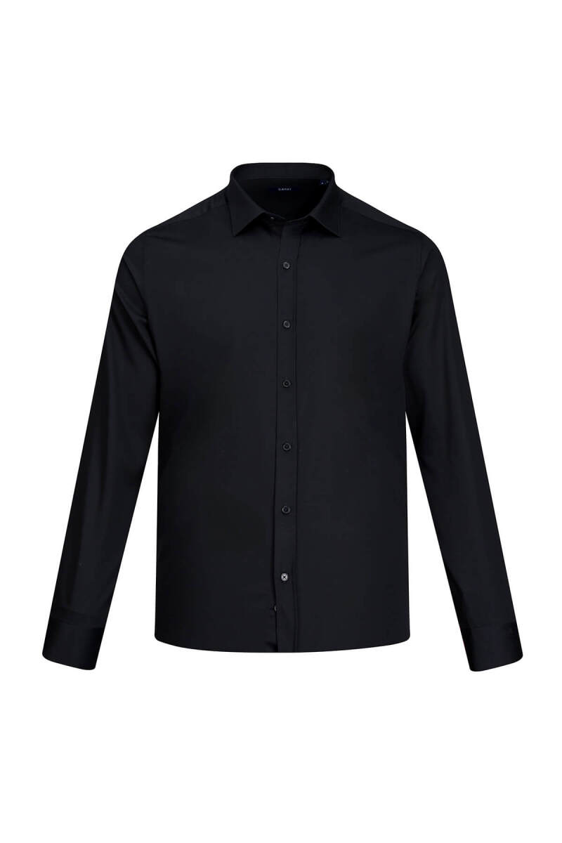 Siyah Klasik Fit Slim Yaka 100% Pamuk Uzun Kollu Saten Gömlek - Saykı