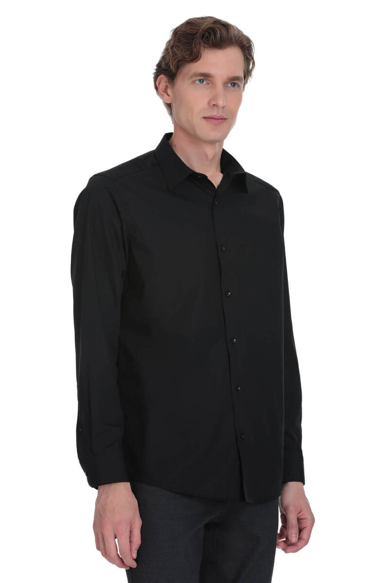 Siyah Klasik Fit Slim Yaka Pamuklu Uzun Kollu Gömlek - Hatemoğlu