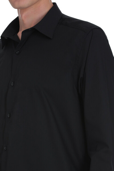 Siyah Klasik Fit Slim Yaka Pamuklu Uzun Kollu Gömlek - 4