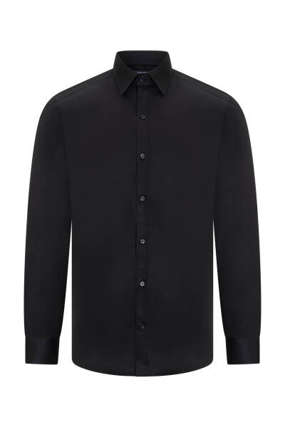 Siyah Klasik Fit Slim Yaka Pamuklu Uzun Kollu Saten Gömlek 