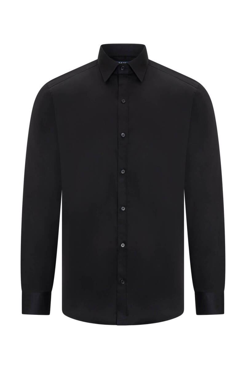 Siyah Klasik Fit Slim Yaka Pamuklu Uzun Kollu Saten Gömlek - Saykı