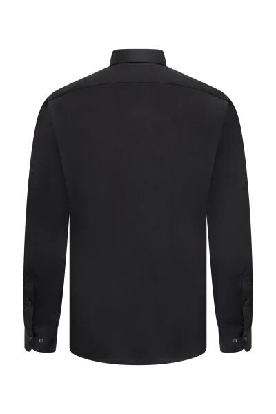 Siyah Klasik Fit Slim Yaka Pamuklu Uzun Kollu Saten Gömlek - 2