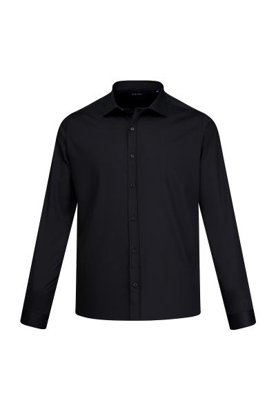 Siyah Klasik Fit Slim Yaka Uzun Kollu Pamuklu Saten Gömlek - 1