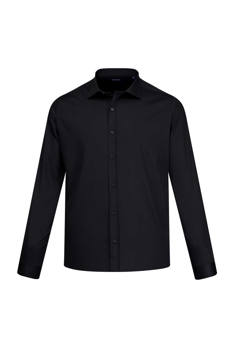 Siyah Klasik Fit Slim Yaka Uzun Kollu Pamuklu Saten Gömlek - Saykı