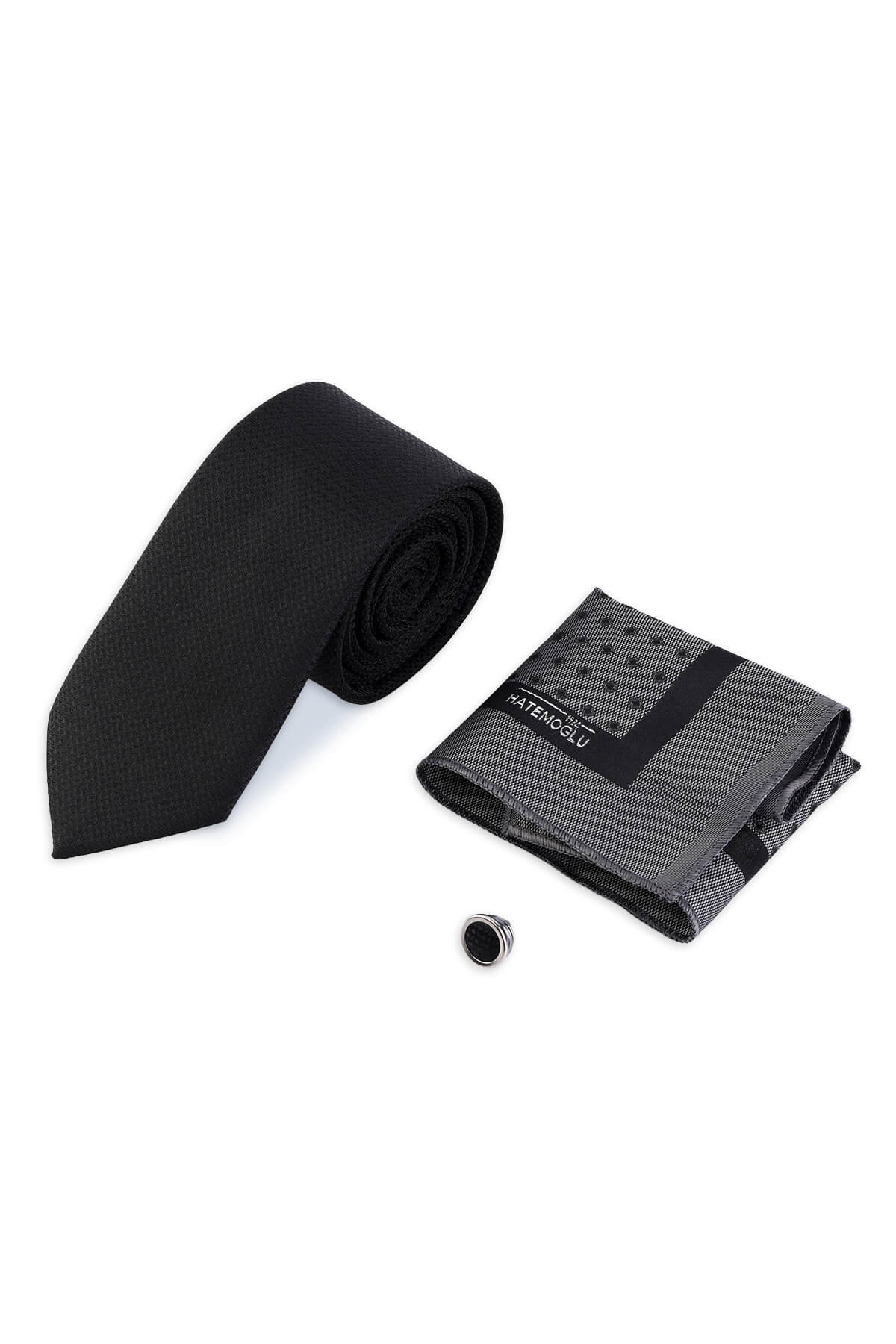 Siyah Kravat Mendil ve Yaka Rozeti 3'lü Set - 3