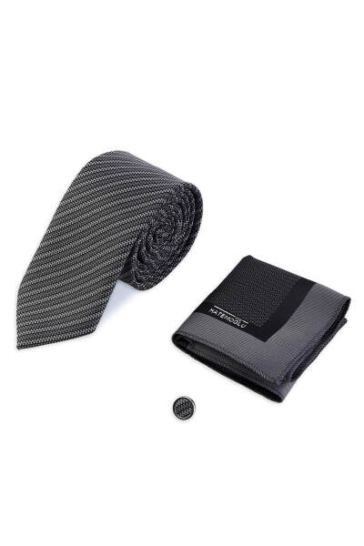 Siyah Kravat Mendil ve Yaka Rozeti 3'lü Set - 3