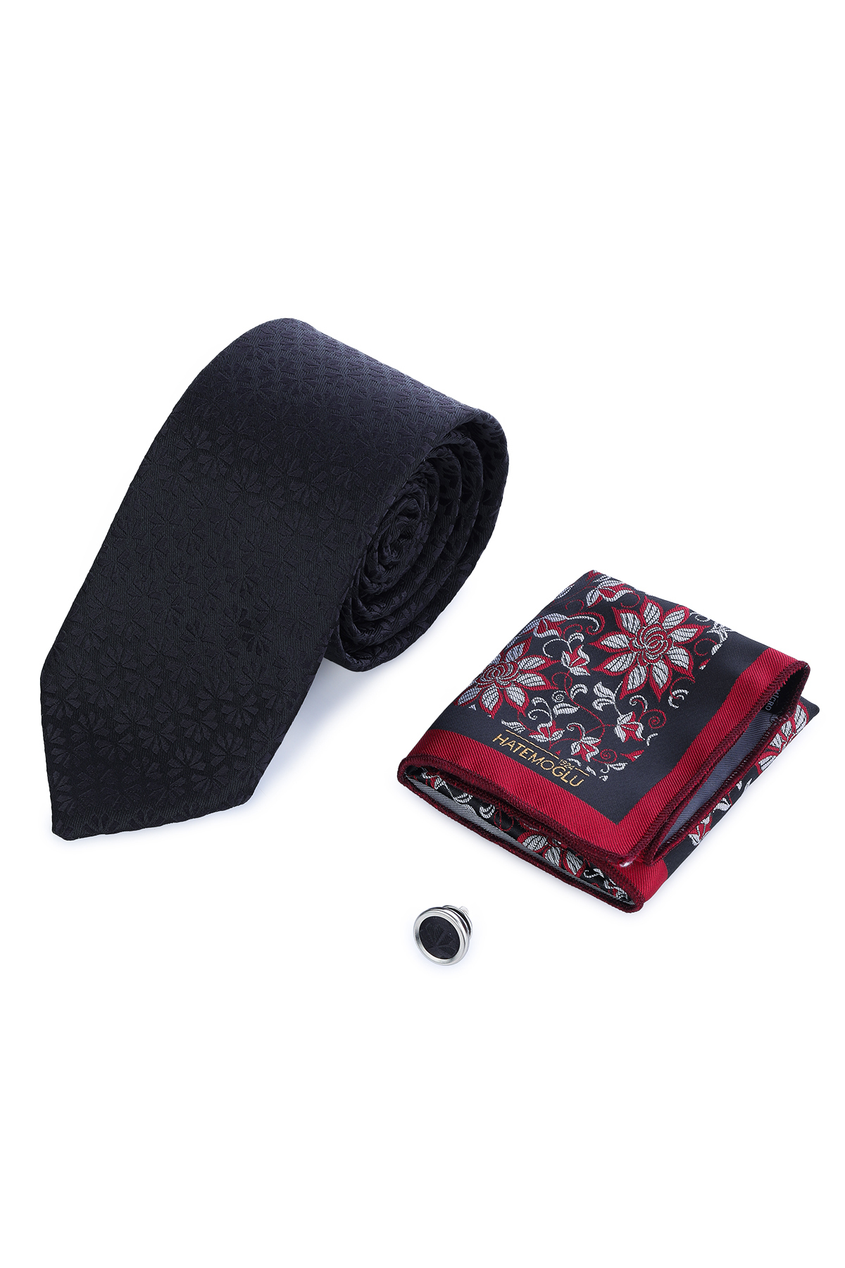 Siyah Kravat Mendil ve Yaka Rozeti 3'lü Set - 1
