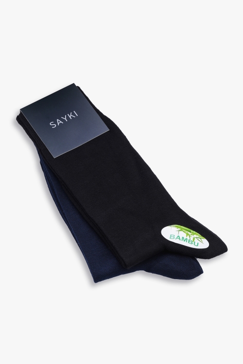 Hatem Saykı - Siyah Düz Pamuklu Dikişsiz İkili Soket Çorap