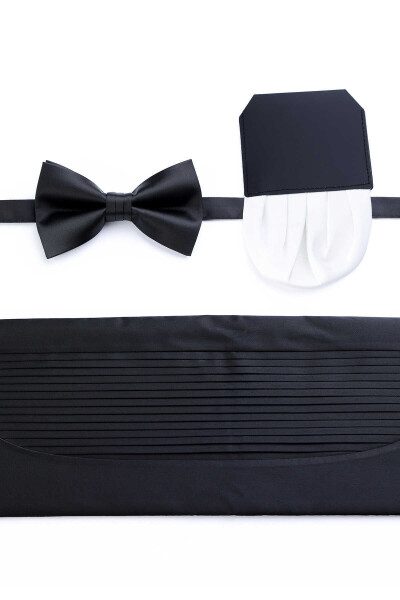 Siyah Pliseli Basic Kuşak papyon Mendil Set - 1