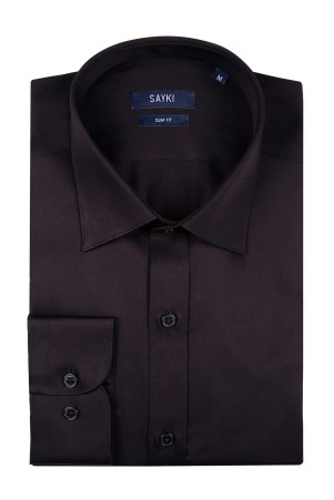 Siyah Slim Fit Düz 100% Pamuk Uzun Kol Saten Gömlek - Thumbnail