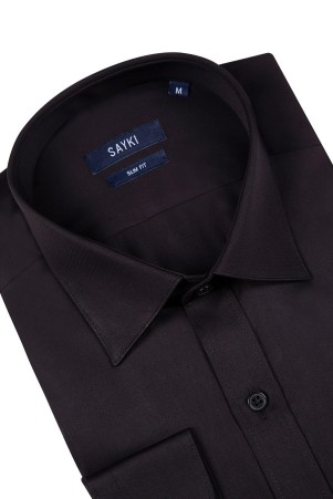 Siyah Slim Fit Düz 100% Pamuk Uzun Kol Saten Gömlek - Thumbnail