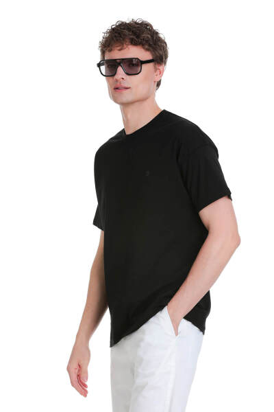 Siyah Regular Fit 100% Pamuk Bisiklet Yaka Oversize Tişört - 3