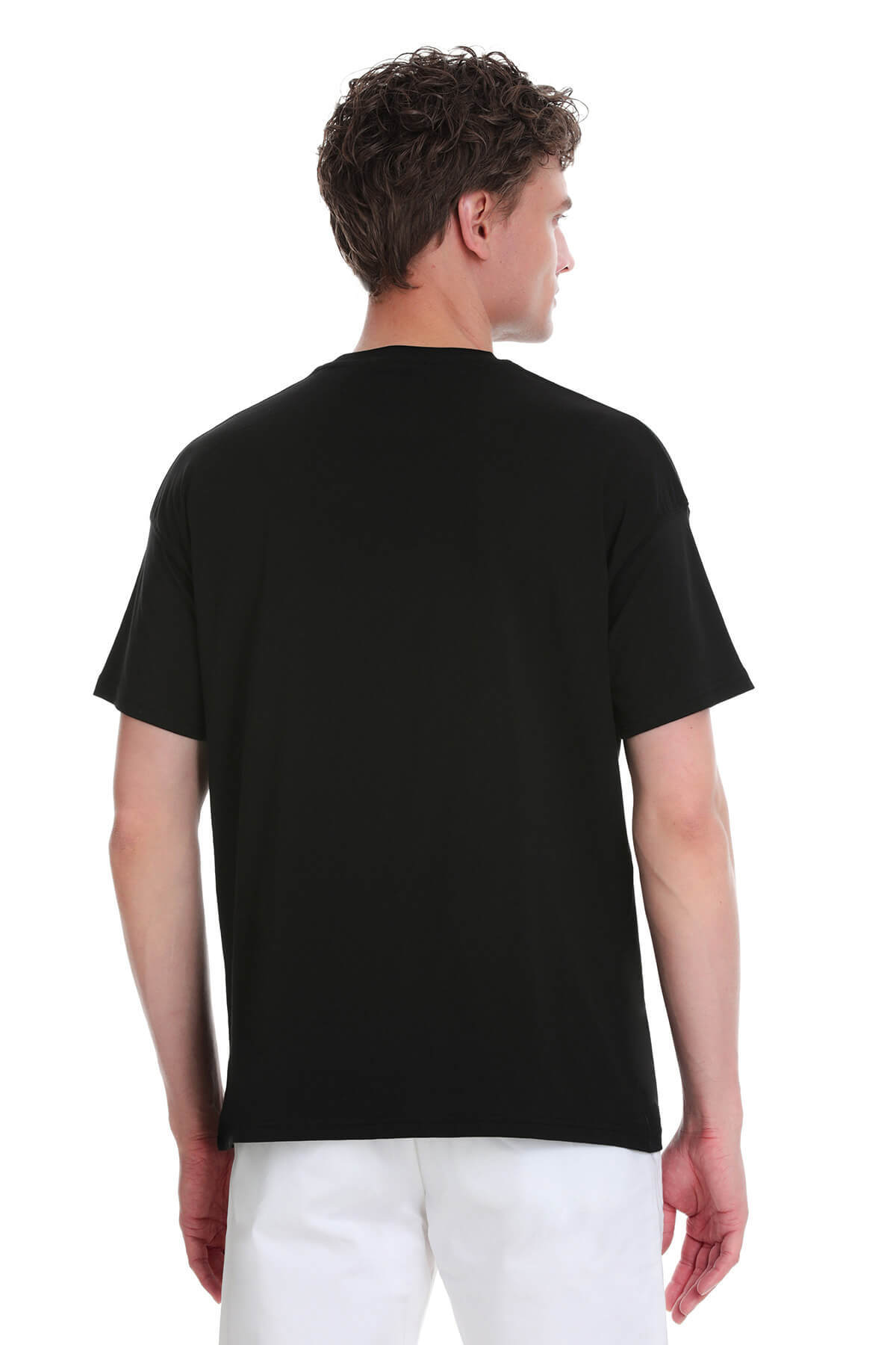 Siyah Regular Fit 100% Pamuk Bisiklet Yaka Oversize Tişört - 5