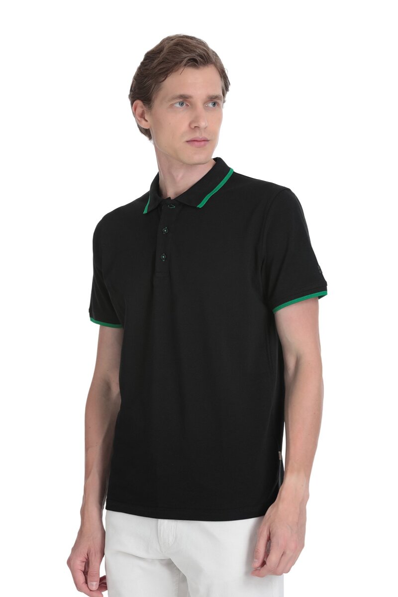 Siyah Regular Fit 100% Pamuk Polo Yaka Rayon Tişört - Saykı