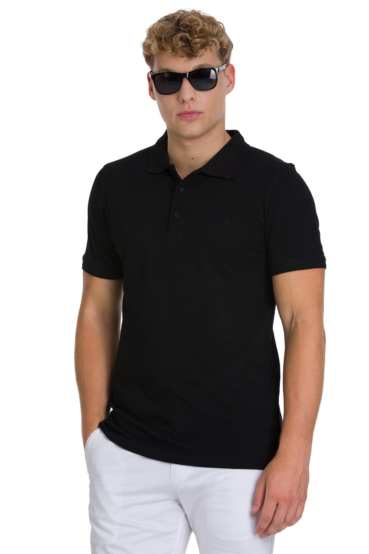 Siyah Regular Fit 100% Pamuk Kıvrılmaz Polo Yaka Tişört - 1