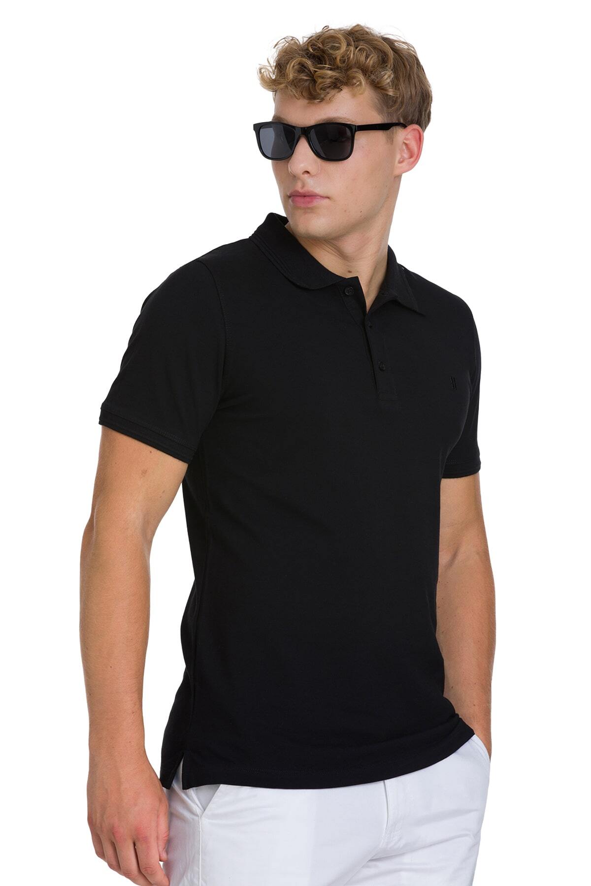 Siyah Regular Fit 100% Pamuk Kıvrılmaz Polo Yaka Tişört - 3