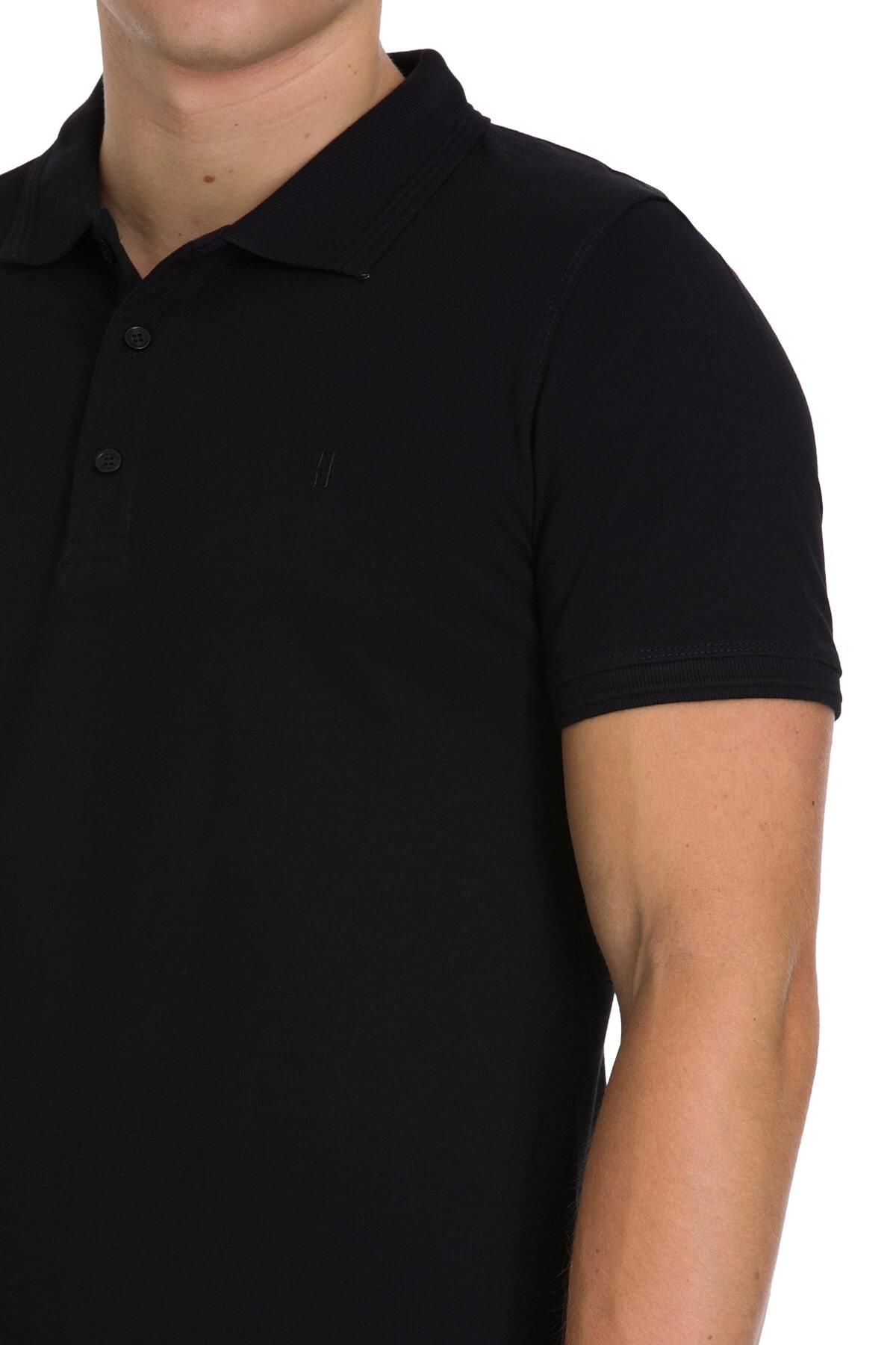 Siyah Regular Fit 100% Pamuk Kıvrılmaz Polo Yaka Tişört - 4