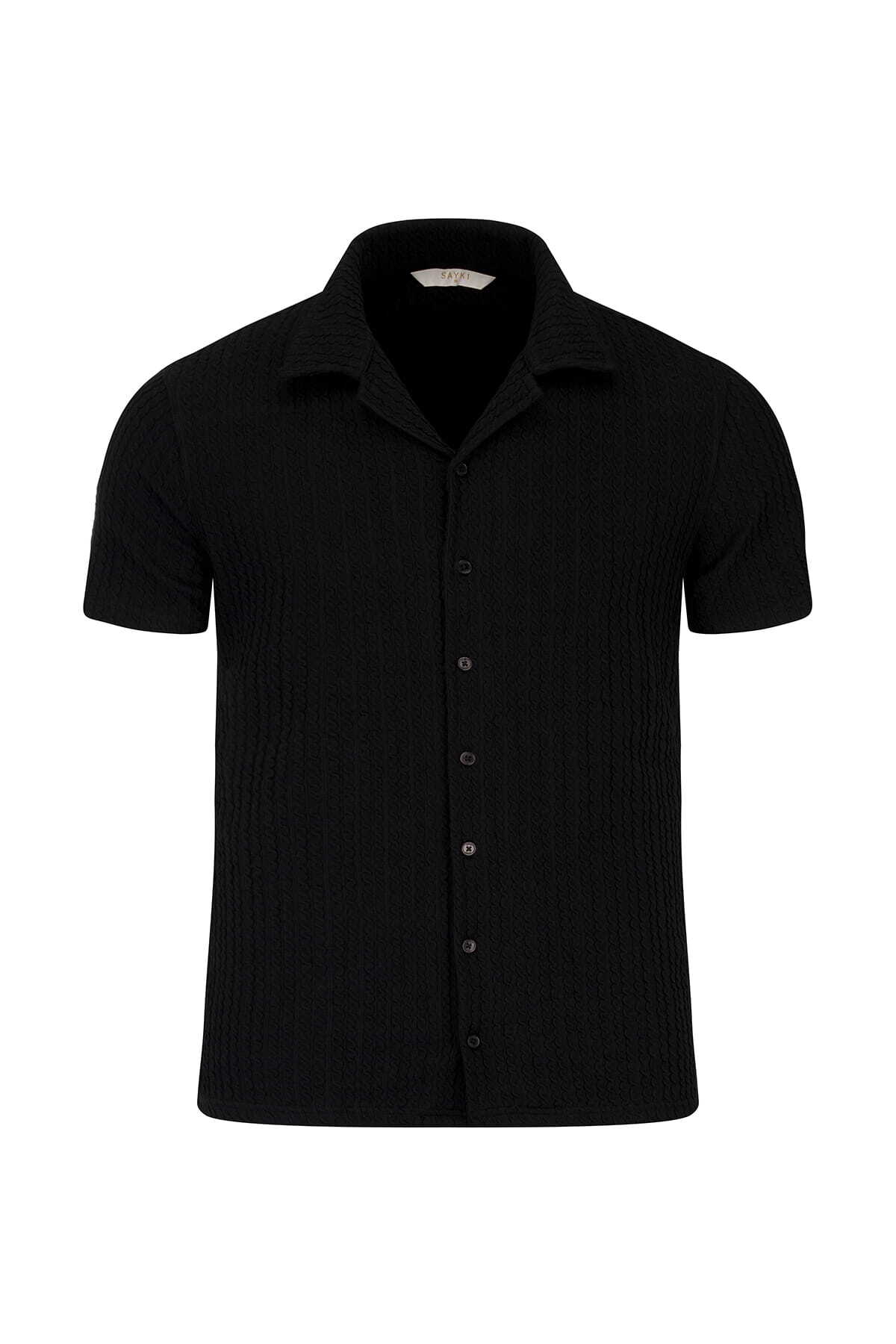 Siyah Regular Fit Apaş Yaka Gömlek - 1