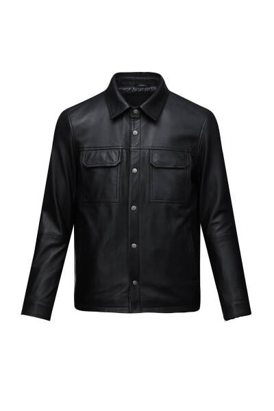 Siyah Regular Fit Bebe Yaka 100% Hakiki Deri Mont 