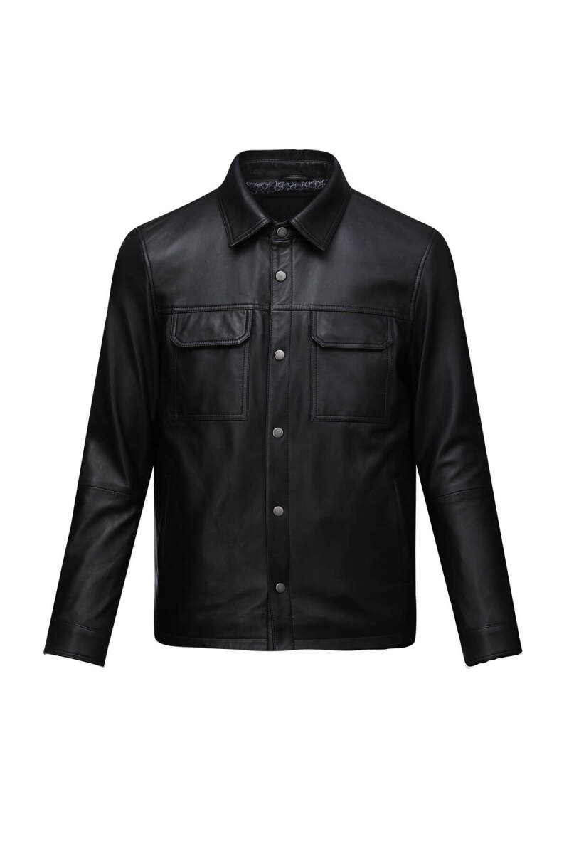 Siyah Regular Fit Bebe Yaka 100% Hakiki Deri Mont - Saykı