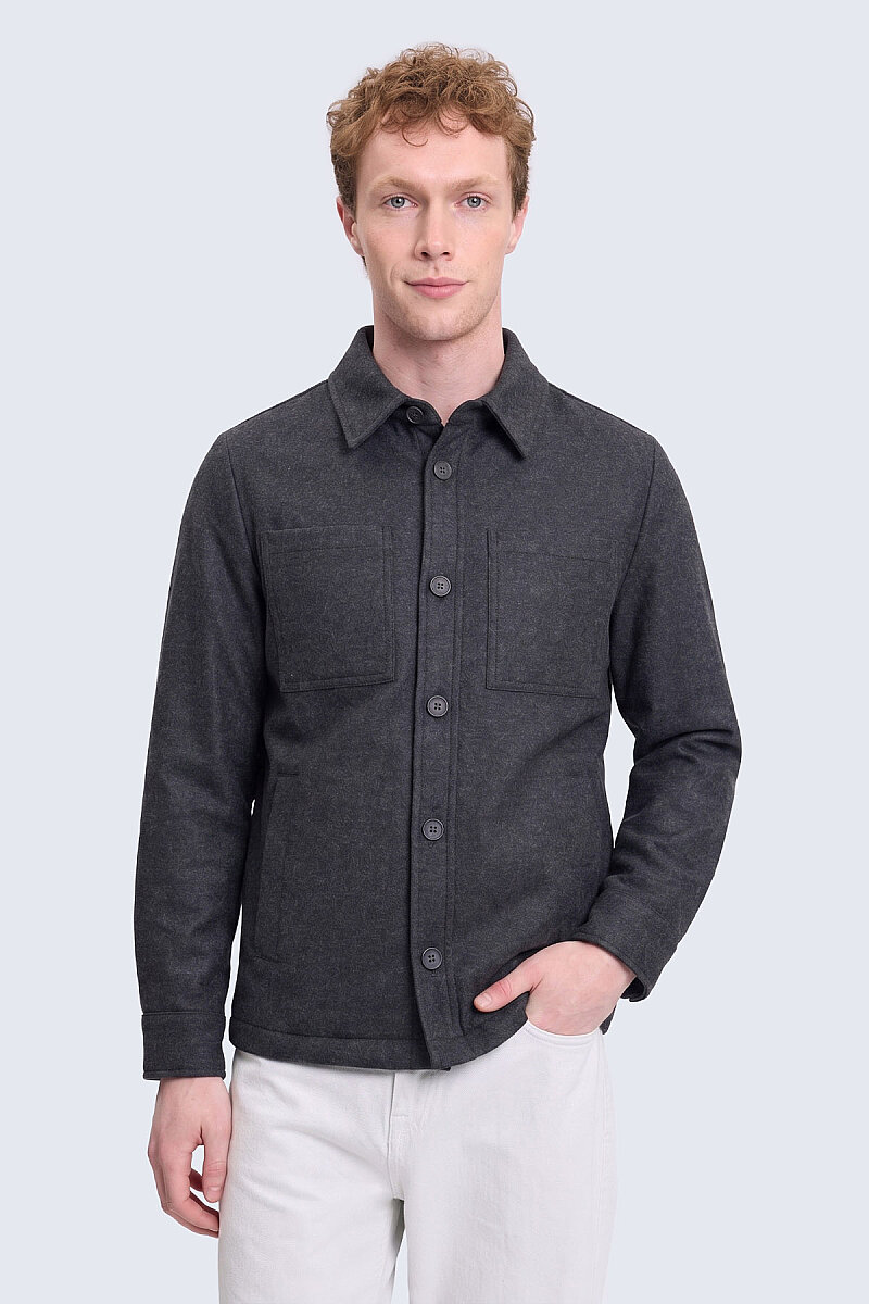 Siyah Regular Fit Yünlü Mont