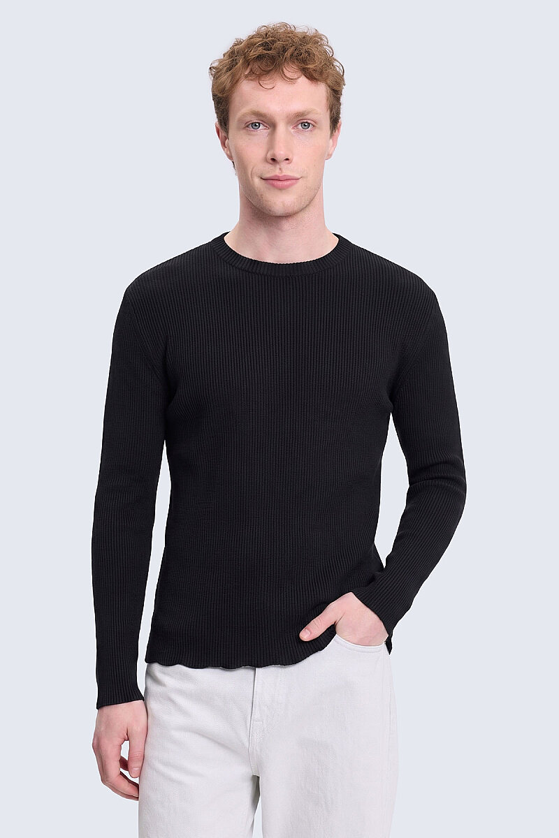 Siyah Regular Fit Fitilli Bisiklet Yaka Rayon Kazak