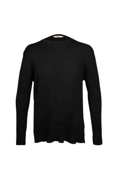 Siyah Regular Fit Fitilli Bisiklet Yaka Rayon Kazak 