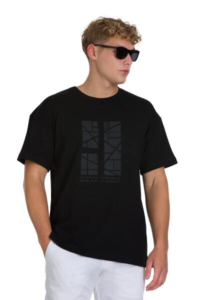 Siyah Regular Fit Bisiklet Yaka Oversize Tişört - 3