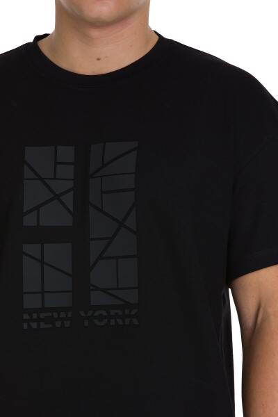 Siyah Regular Fit Bisiklet Yaka Oversize Tişört - 4