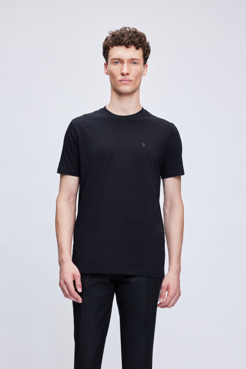 Siyah Regular Fit Bisiklet Yaka Pamuklu Tişört - HTML