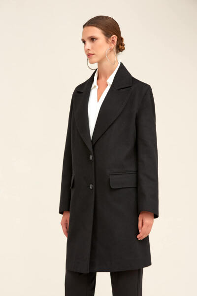 Saykı Woman Siyah Regular Fit Ceket Yaka Kaşe Oversize Manto - 3