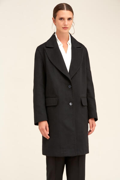 Saykı Woman Siyah Regular Fit Ceket Yaka Kaşe Oversize Manto - 4