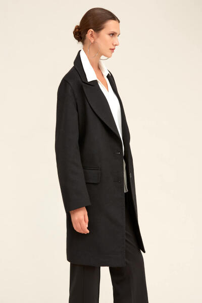 Saykı Woman Siyah Regular Fit Ceket Yaka Kaşe Oversize Manto - 5