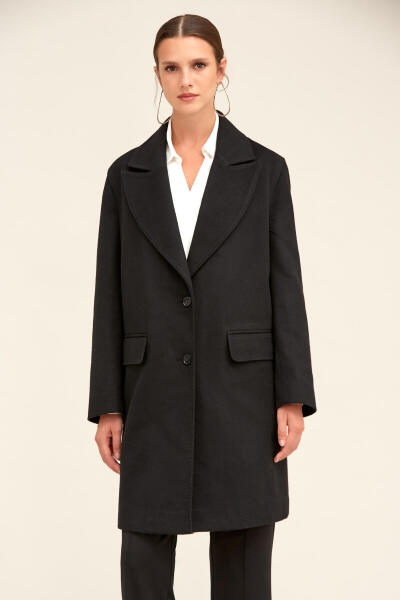 Saykı Woman Siyah Regular Fit Ceket Yaka Kaşe Oversize Manto - 6